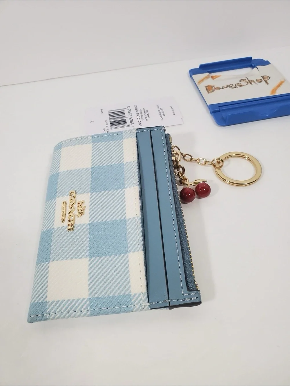 Coach Mini Skinny Id Case With Gingham Print And Charm NWT